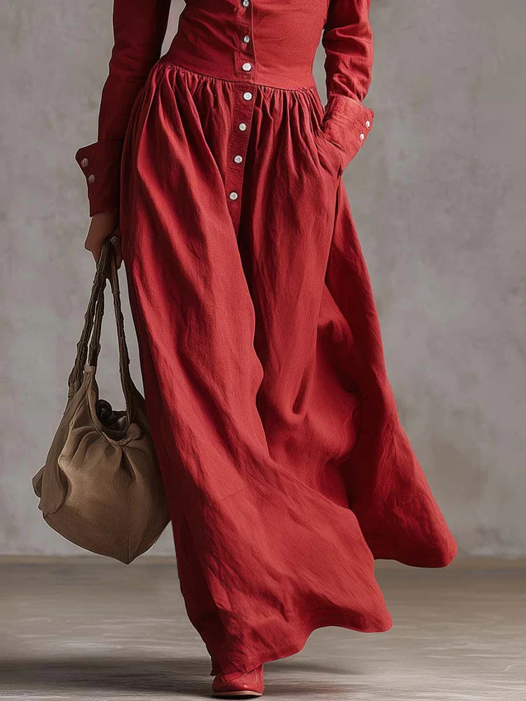 Natalia - Vestido largo retro rojo con solapa occidental y botones frontales