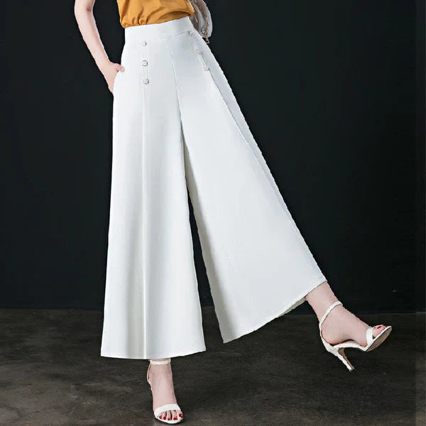 Adriana - Pantalón palazzo con cintura elástica y botones decorativos