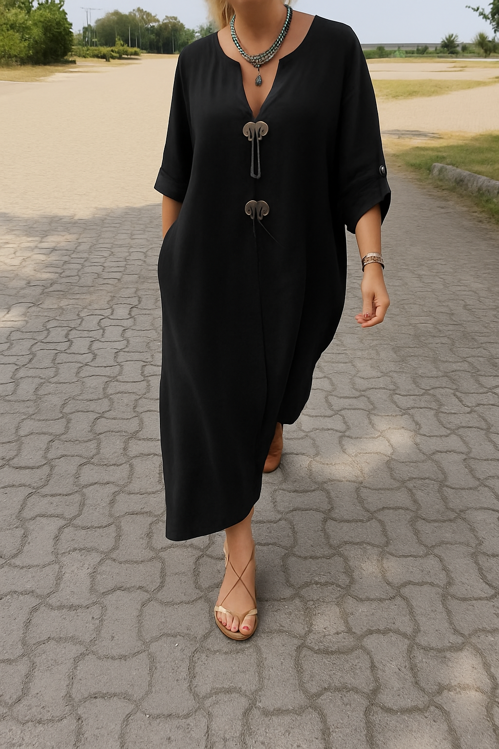 Alina™ Vestido largo fluido con lazos decorativos, mangas 3/4 y bolsillos