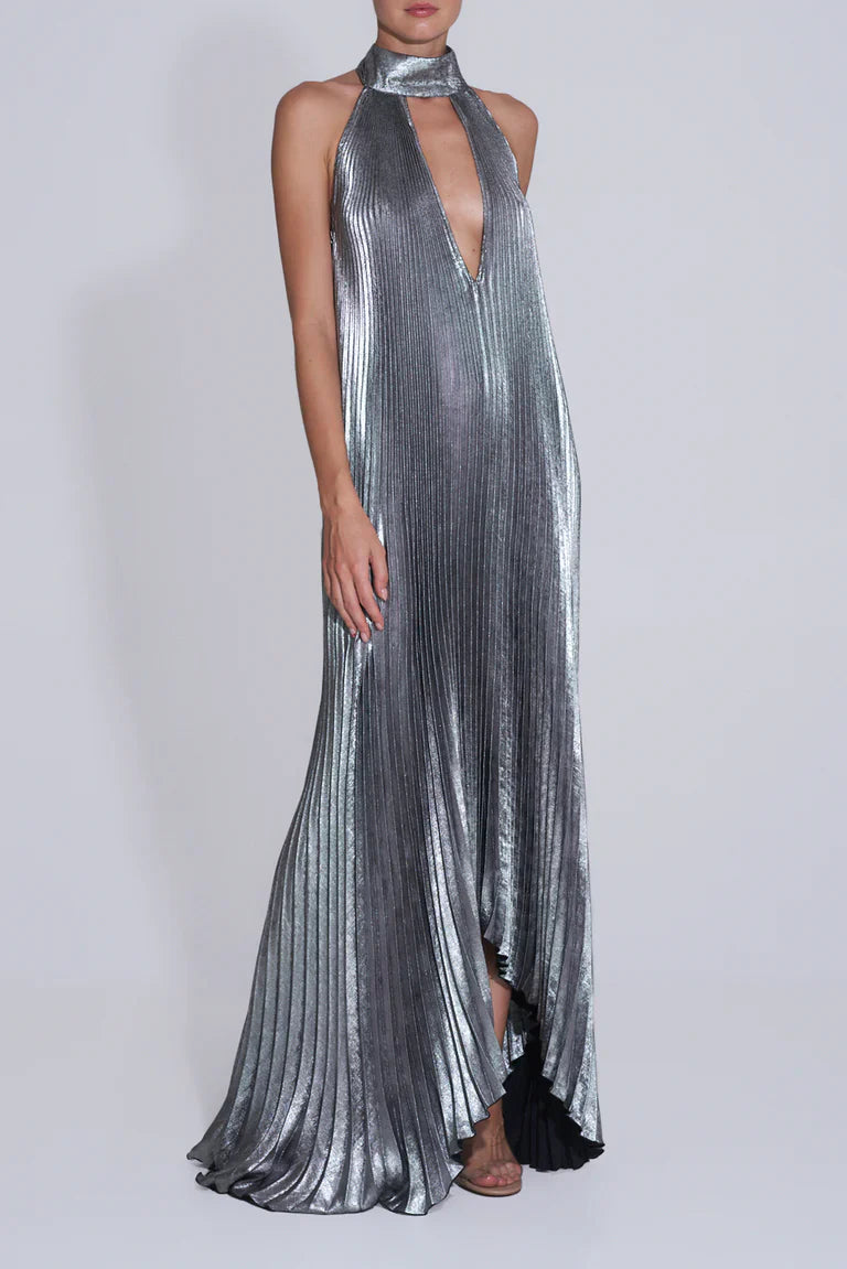 Nadia – Vestido maxi de fiesta metalizado plisado con escote halter
