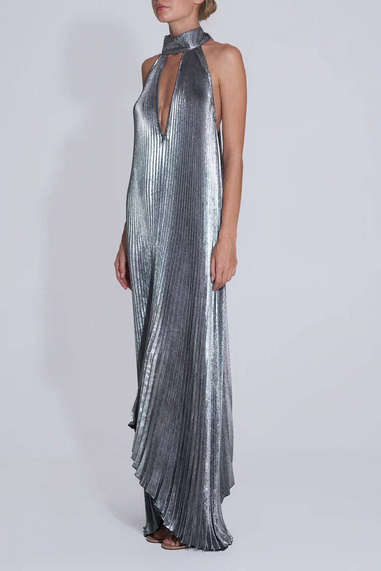 Nadia – Vestido maxi de fiesta metalizado plisado con escote halter