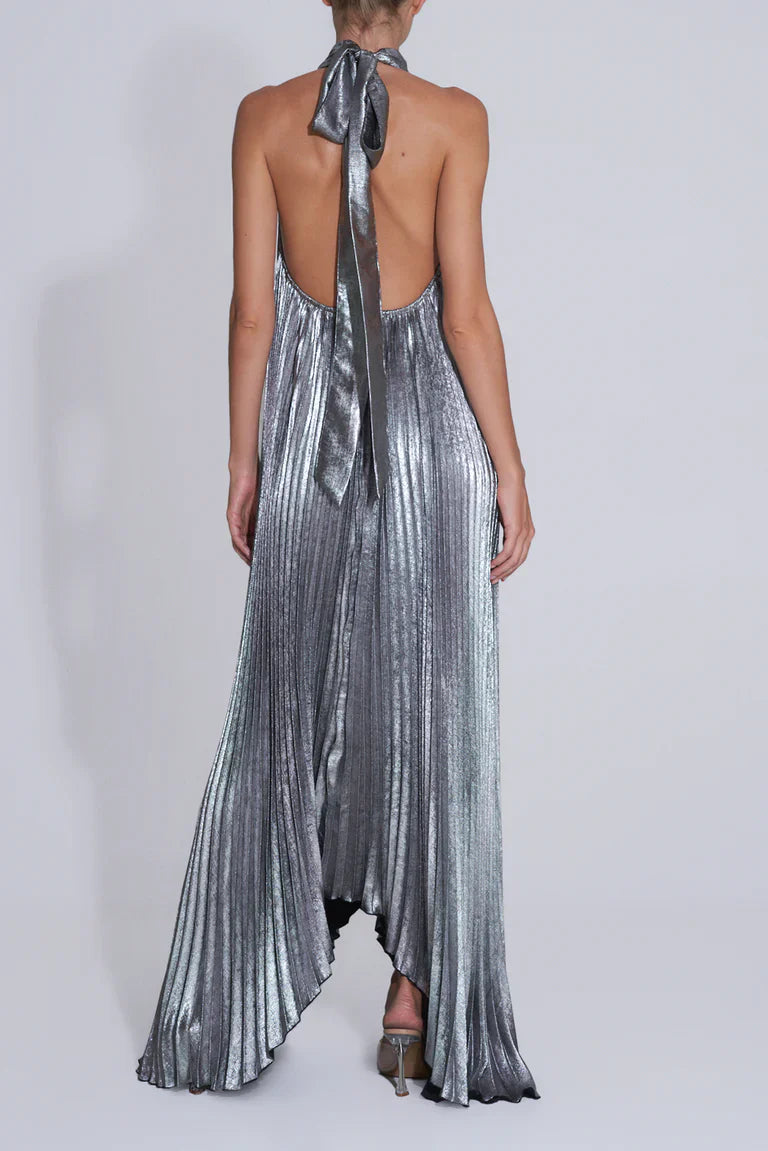 Nadia – Vestido maxi de fiesta metalizado plisado con escote halter