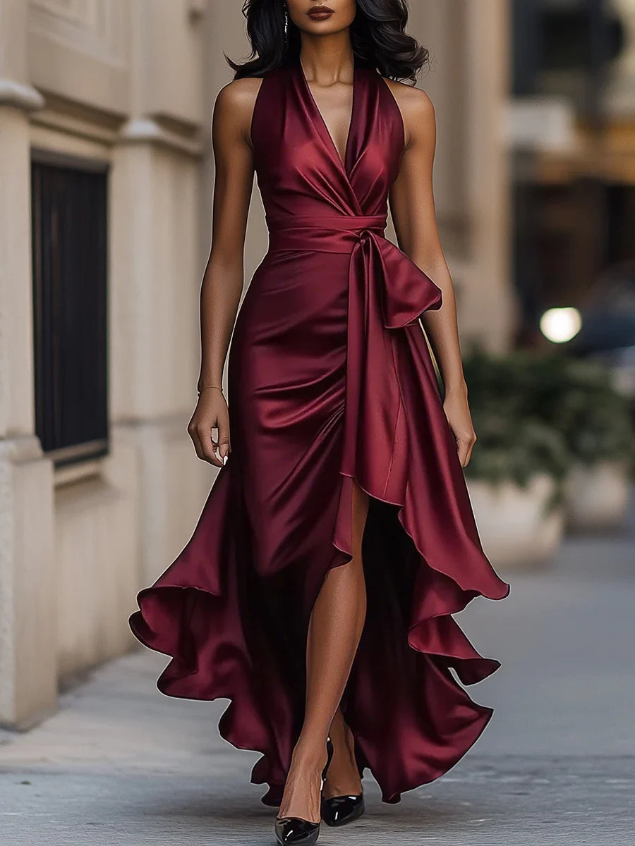 Valeria - Vestido largo satinado con cuello halter y lazo en la cintura