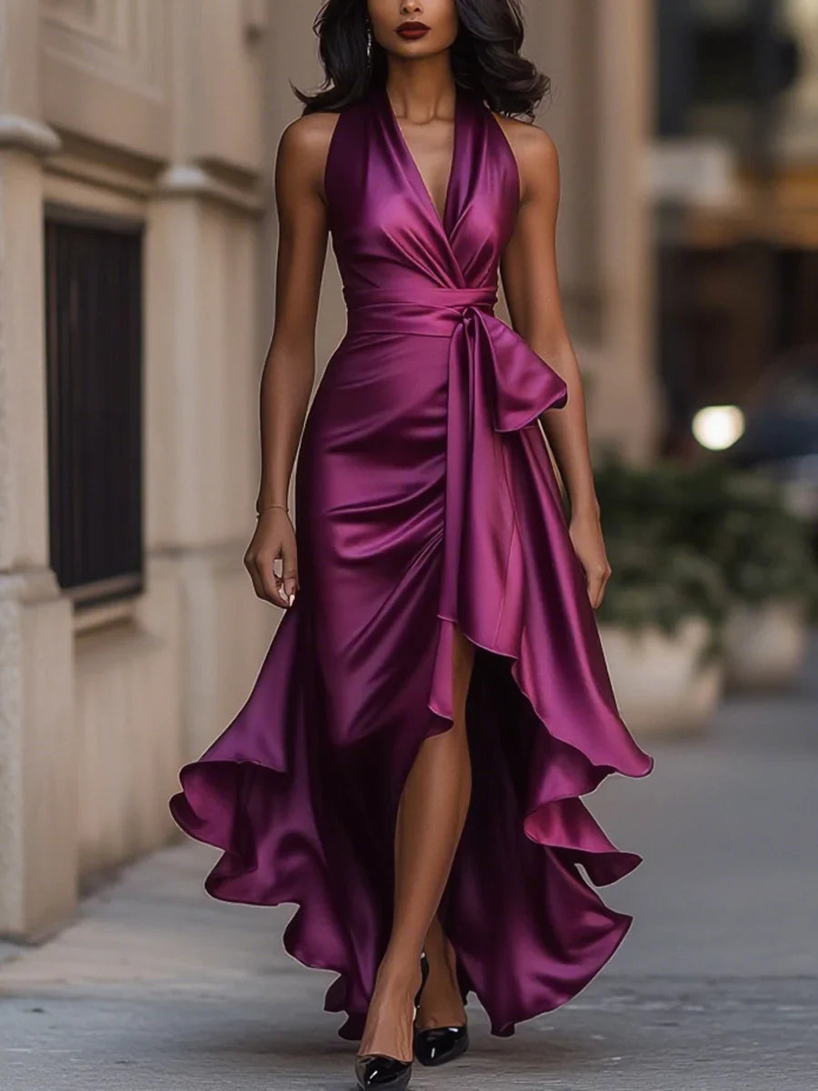Valeria - Vestido largo satinado con cuello halter y lazo en la cintura