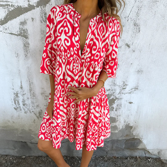 Margarita™ vestido corto fluido con estampado étnico y escote en pico