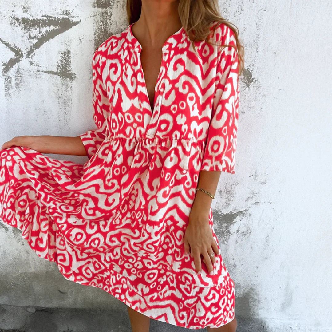 Margarita™ vestido corto fluido con estampado étnico y escote en pico
