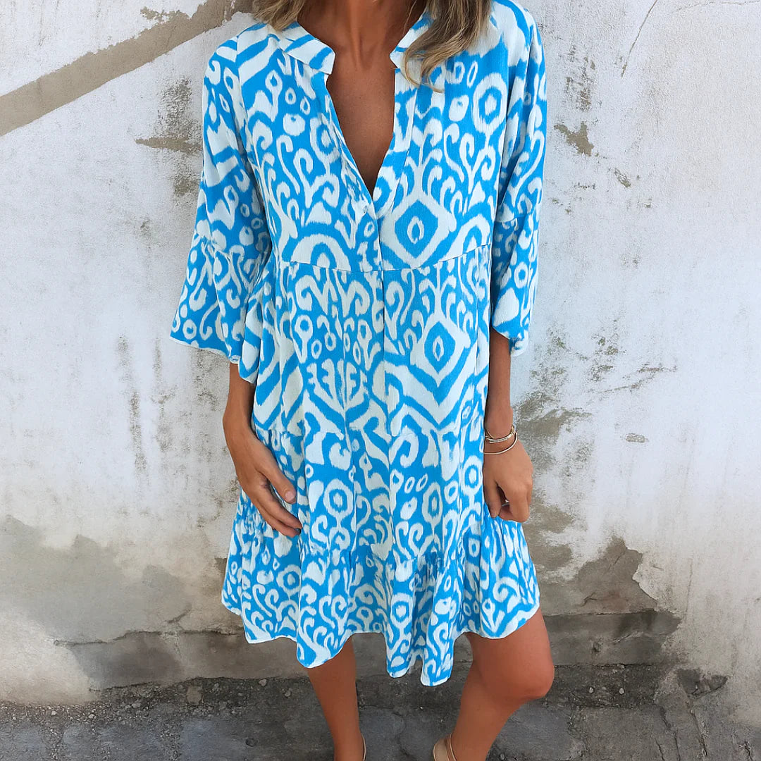 Margarita™ vestido corto fluido con estampado étnico y escote en pico