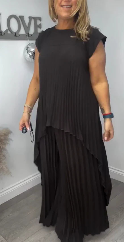 Elsa™ Conjunto plisado de dos piezas con top asimétrico y pantalón palazzo