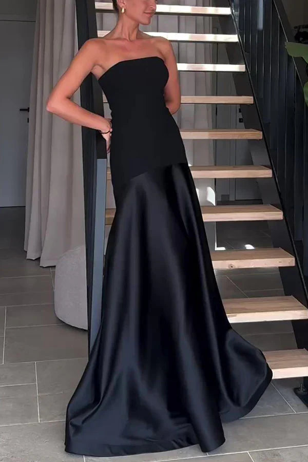 Maitena - Vestido largo sin tirantes con falda de satén