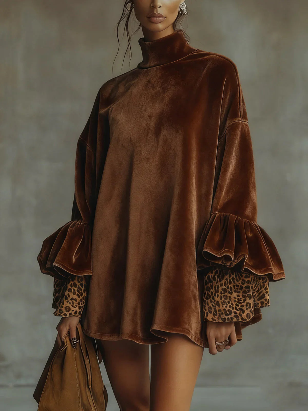 Isabella - Minivestido de terciopelo con puños y mangas con volantes de leopardo
