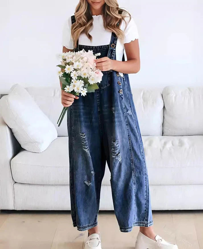 Lara™ | Mono vaquero estilo peto con detalles desgastados