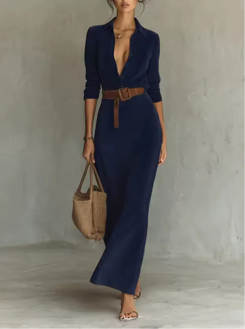 Elena - Vestido maxi de efecto ante con cinturón