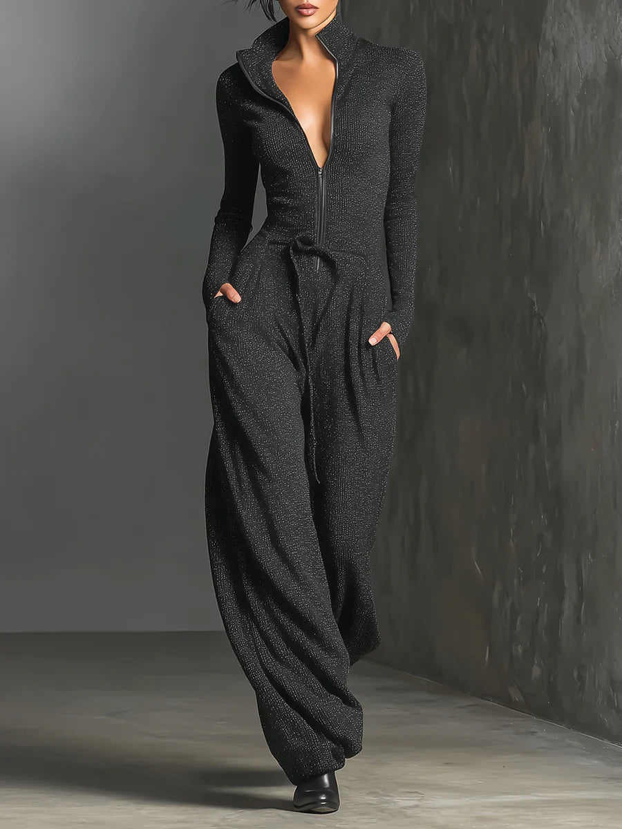 Perla – Mono elegante de punto con brillo y cremallera frontal