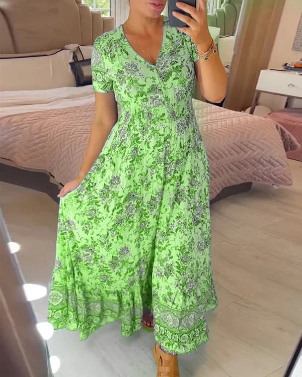 Valeria™ Vestido largo floral con escote en V, manga corta y vuelo amplio