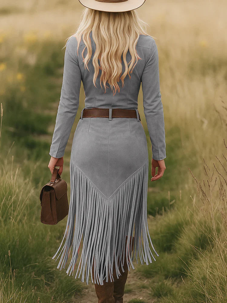 Calista | Vestido midi retro occidental con solapa, cremallera y borlas