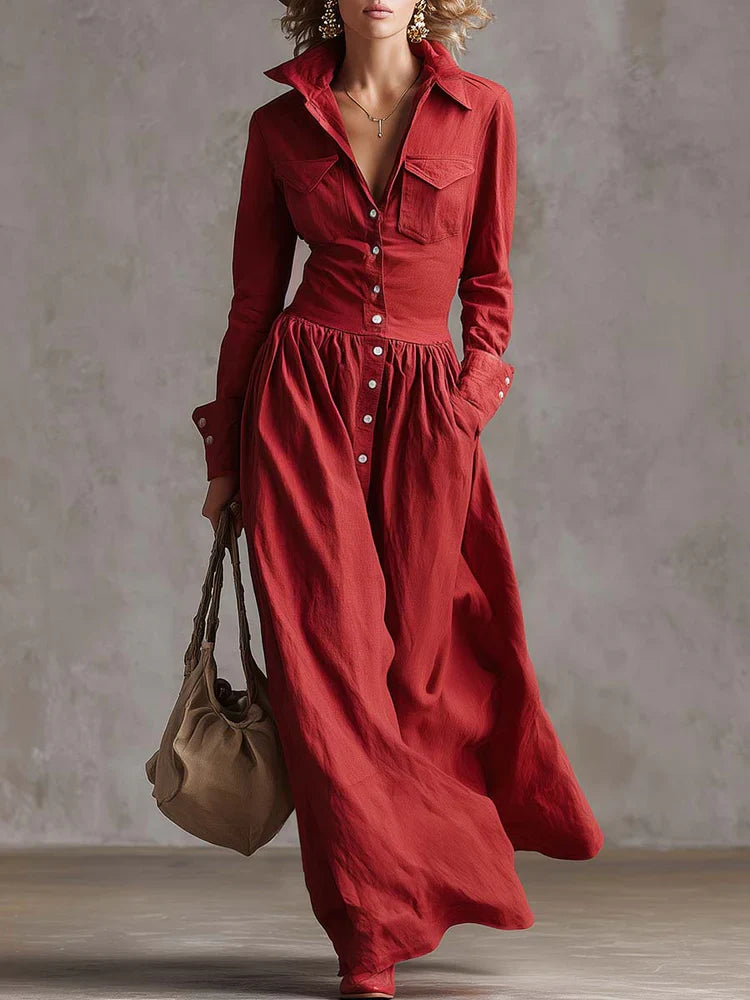 Natalia - Vestido largo retro rojo con solapa occidental y botones frontales