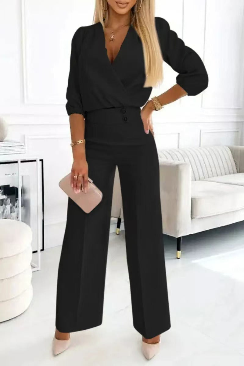 Alessa - Conjunto de top y pantalón con cuello en V