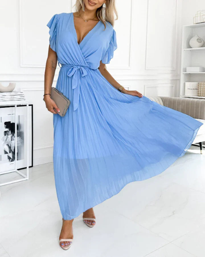 Lucía™ – Vestido plisado con escote cruzado y lazo a la cintura