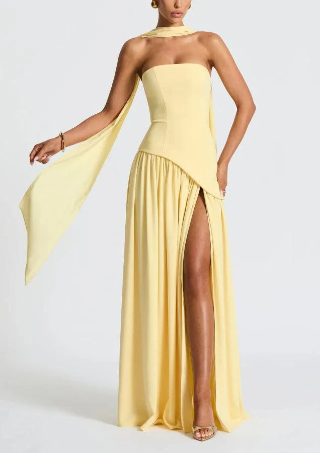 Mia - Vestido largo con cinta y abertura sin tirantes