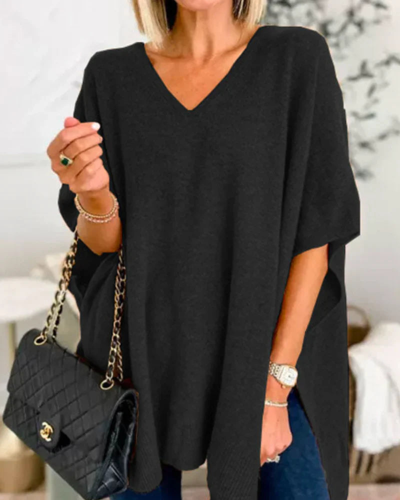 Erica - Jersey poncho liso con cuello en V y corte amplio