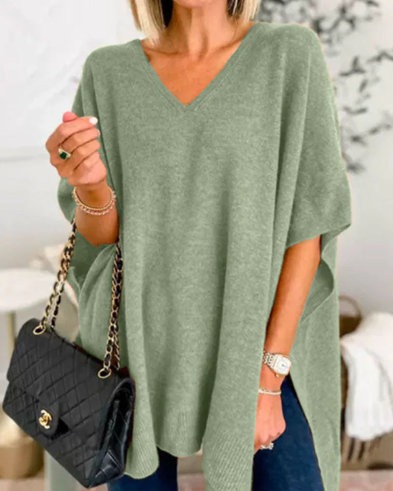 Erica - Jersey poncho liso con cuello en V y corte amplio