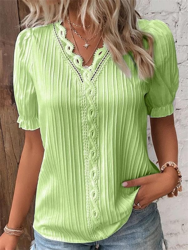 Pilar - Blusa plisada con encaje y manga abullonada