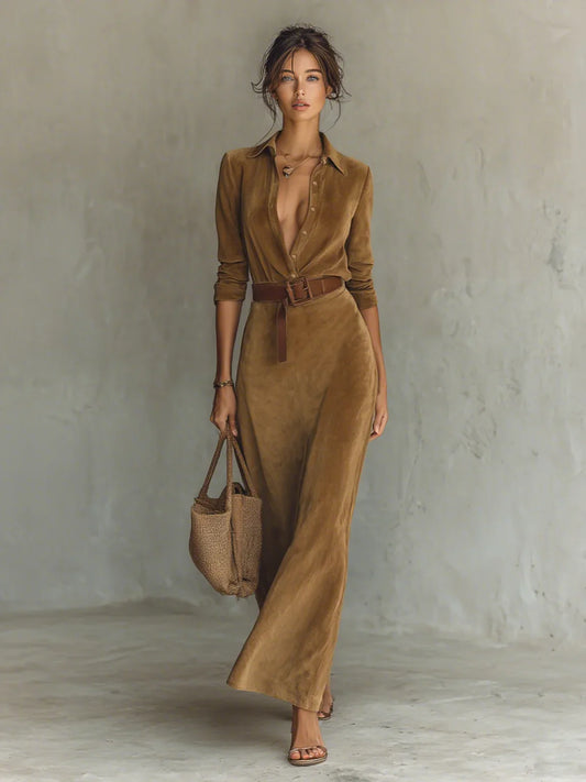 Elena - Vestido maxi de efecto ante con cinturón