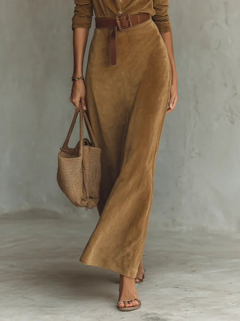 Elena - Vestido maxi de efecto ante con cinturón