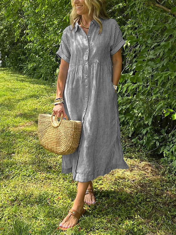 Sara™ – Vestido camisero de rayas con corte relajado y bolsillos laterales