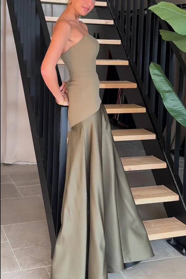 Maitena - Vestido largo sin tirantes con falda de satén