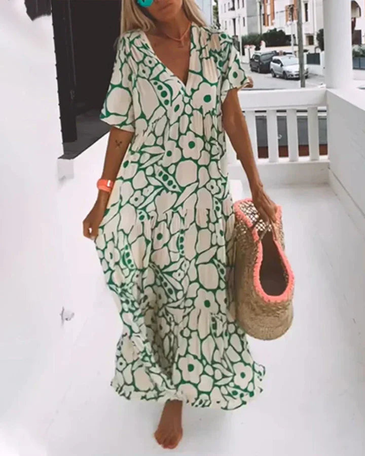 Cristina | Vestido largo de verano con corte fluido y elegante estampado gráfico