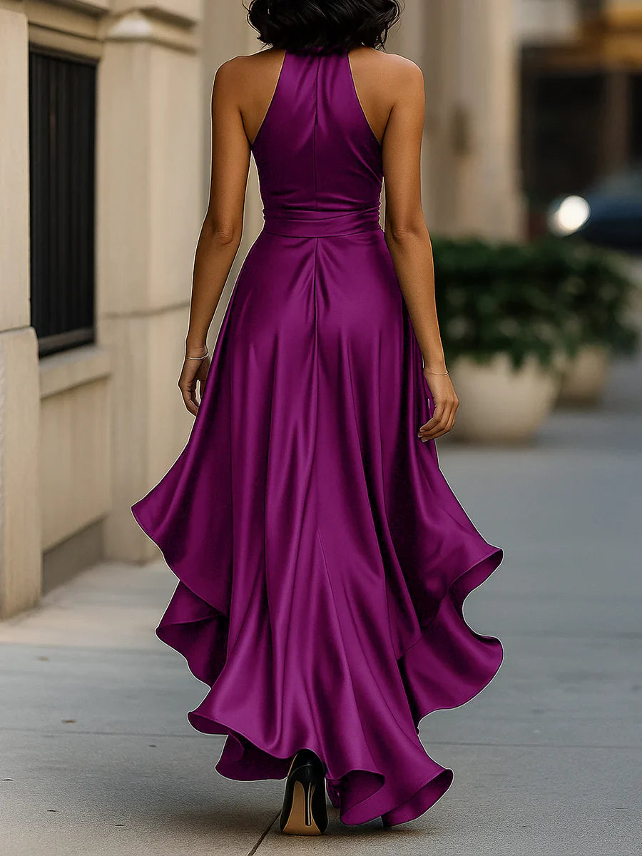 Valeria - Vestido largo satinado con cuello halter y lazo en la cintura