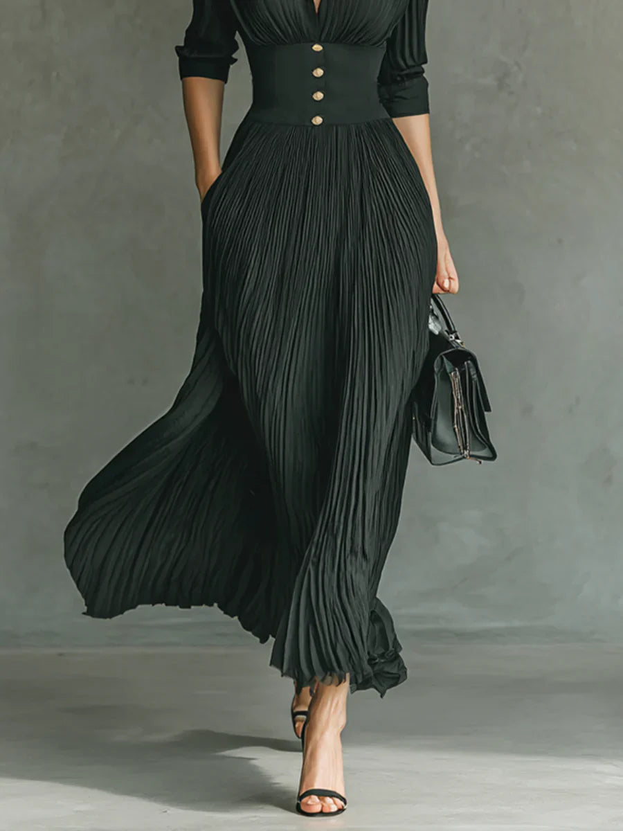 Jade / Vestido largo plisado con solapa y cintura entallada