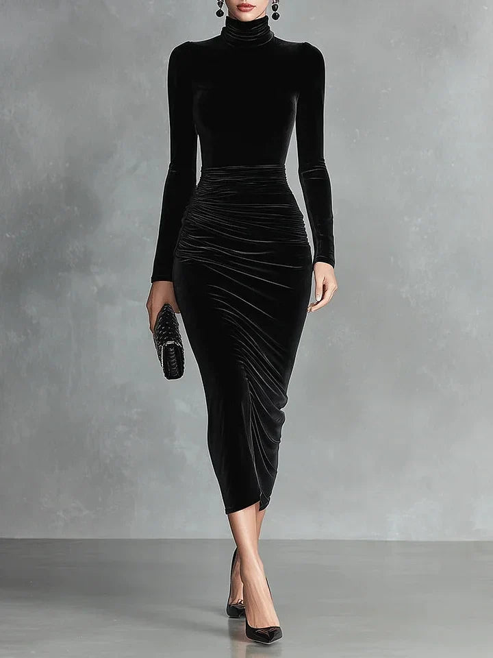 Melania - Vestido de terciopelo negro con cuello alto