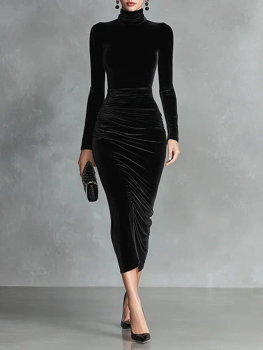 Melania - Vestido de terciopelo negro con cuello alto