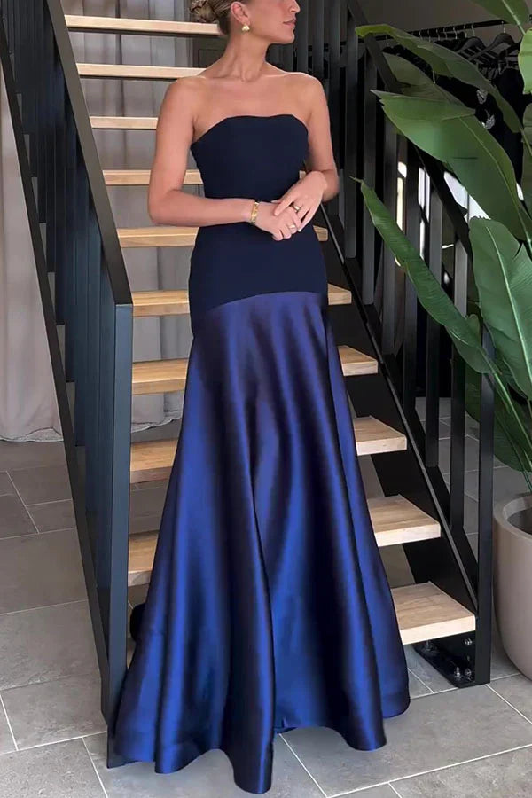 Maitena - Vestido largo sin tirantes con falda de satén