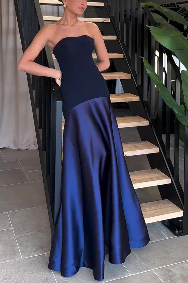 Maitena - Vestido largo sin tirantes con falda de satén