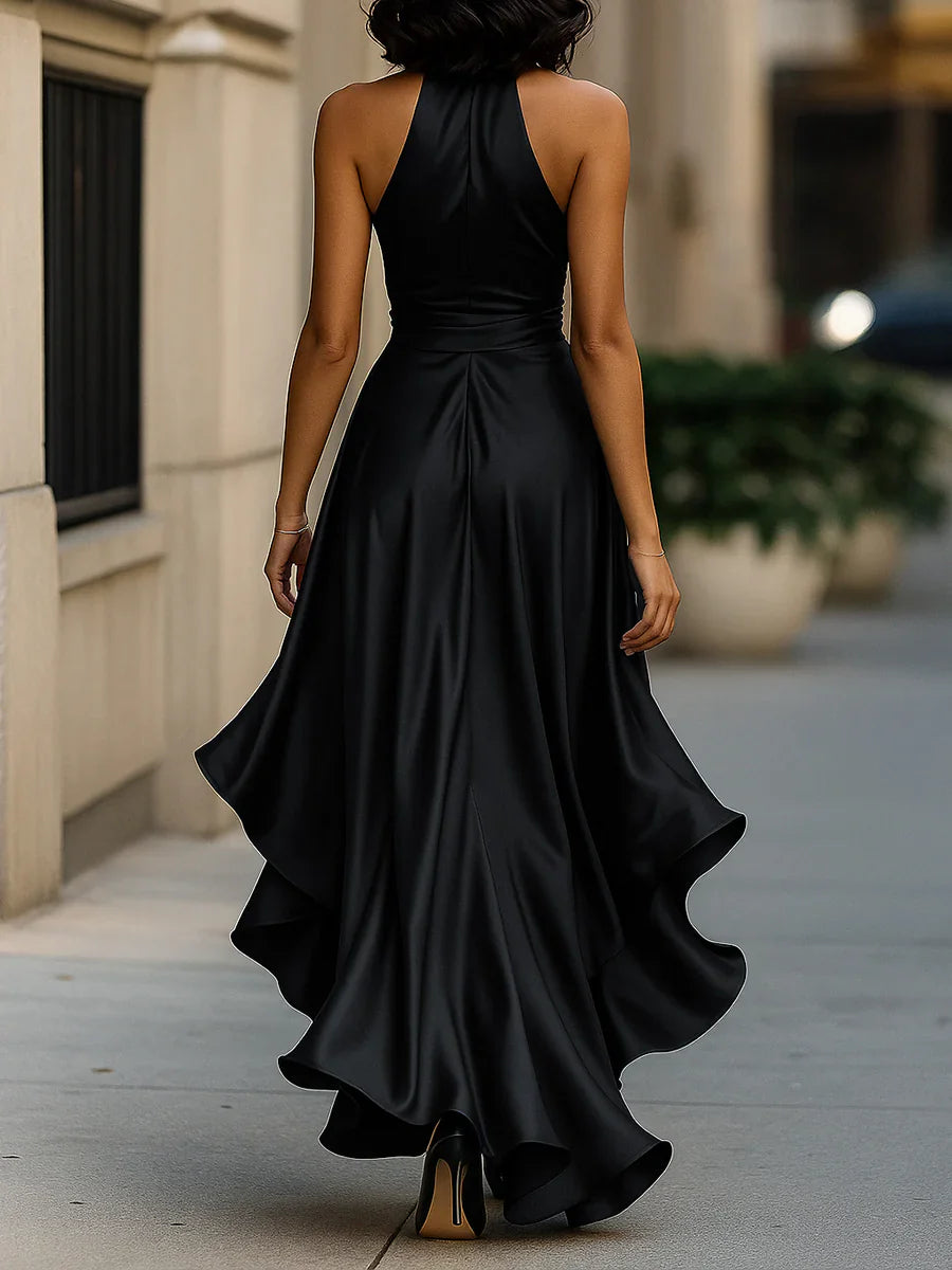 Valeria - Vestido largo satinado con cuello halter y lazo en la cintura