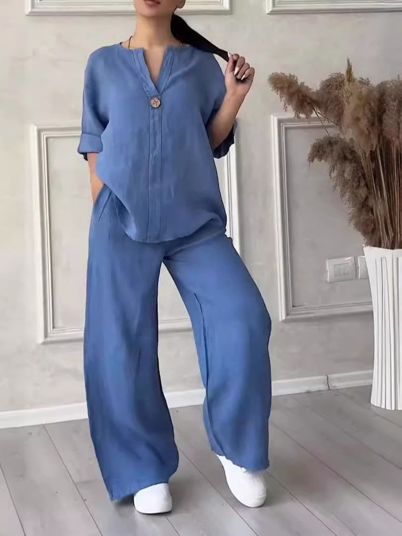 Mireya - Conjunto fluido de dos piezas con botón decorativo