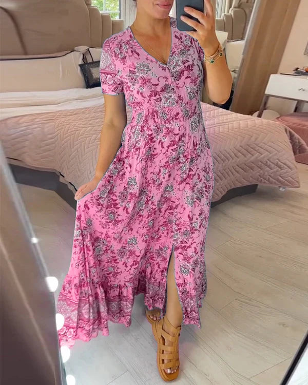 Valeria™ Vestido largo floral con escote en V, manga corta y vuelo amplio