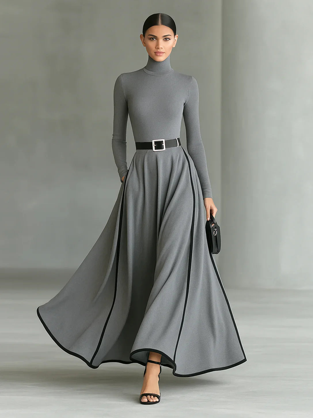Adriana - Vestido largo negro con costuras blancas, cuello alto y cinturón ajustado