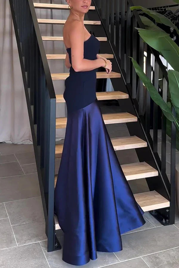 Maitena - Vestido largo sin tirantes con falda de satén