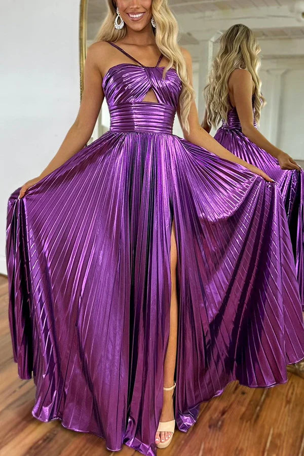 Lilia - Vestido largo plisado de tela metalizada