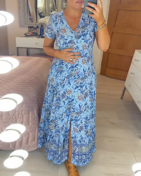 Valeria™ Vestido largo floral con escote en V, manga corta y vuelo amplio