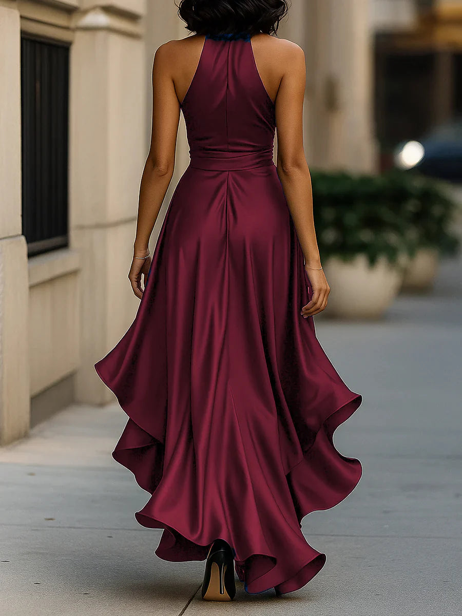 Valeria - Vestido largo satinado con cuello halter y lazo en la cintura