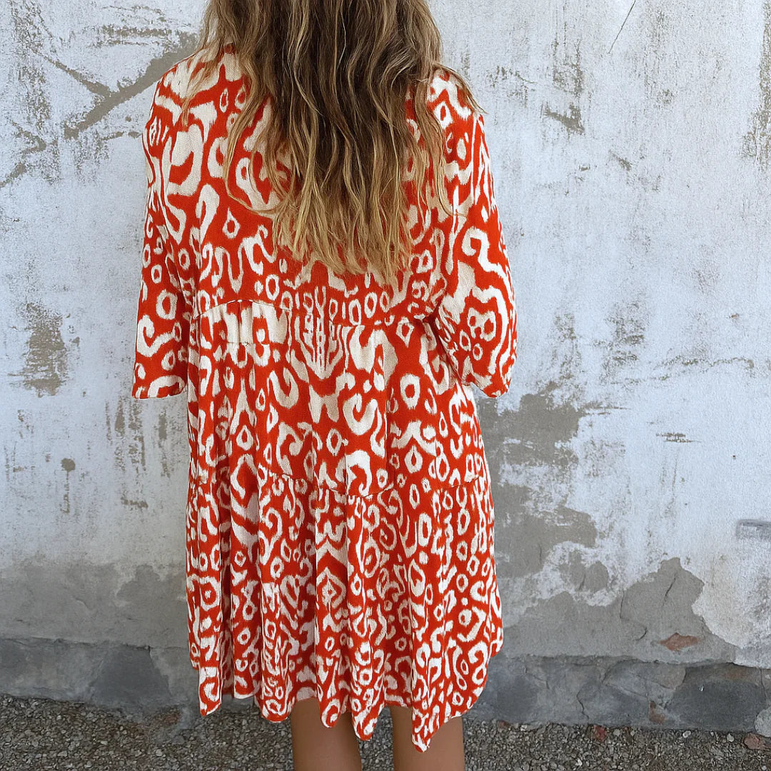 Margarita™ vestido corto fluido con estampado étnico y escote en pico