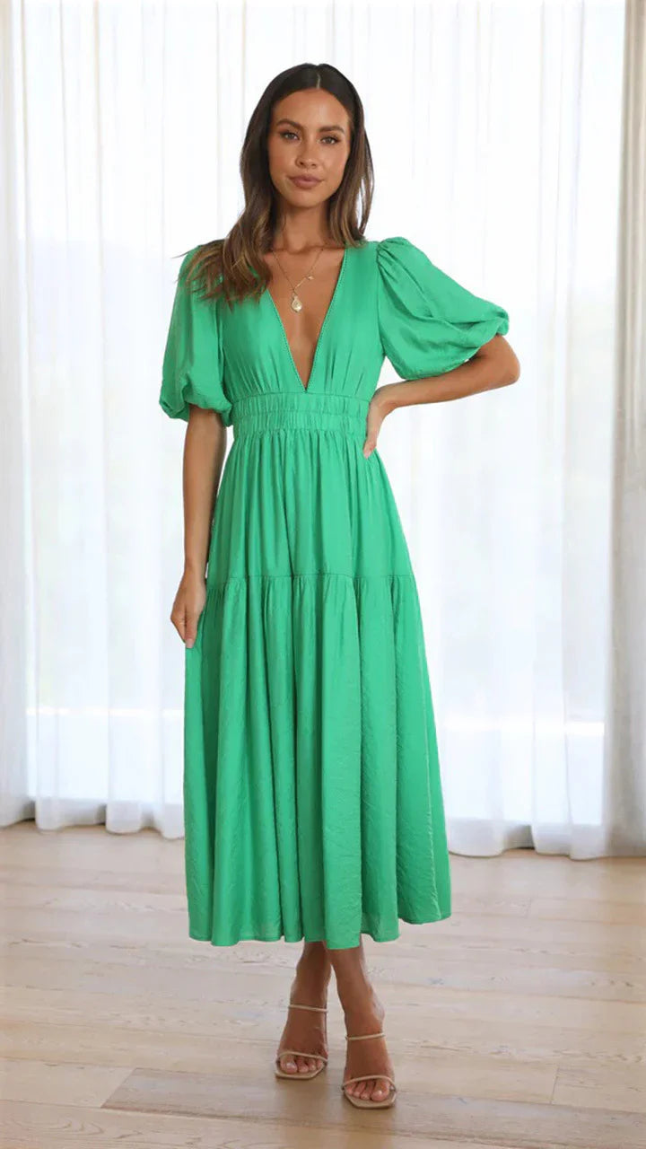 Ella - Vestido con cuello en V y mangas abullonadas