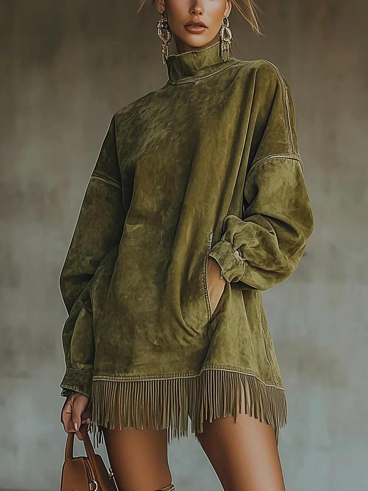 Adela | Vestido de cuello alto de ante con flecos en el bajo