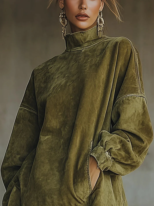 Adela - Vestido de cuello alto de ante con flecos en el bajo