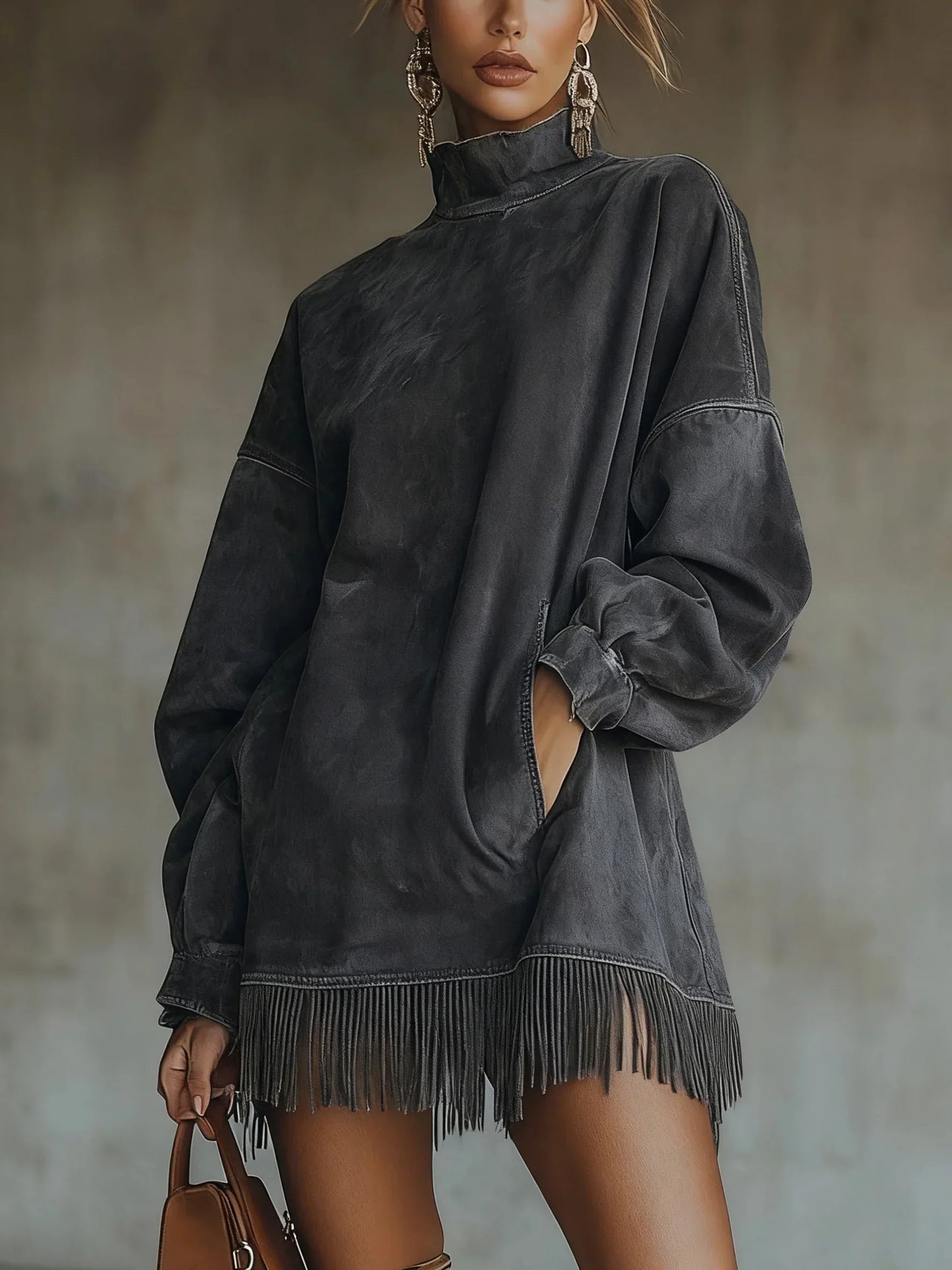 Adela | Vestido de cuello alto de ante con flecos en el bajo